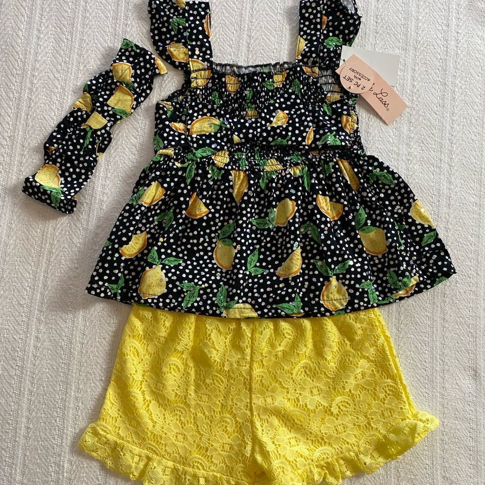 LITTLE LASS 24M Lemons with Disco Dots 3-piece Short Set